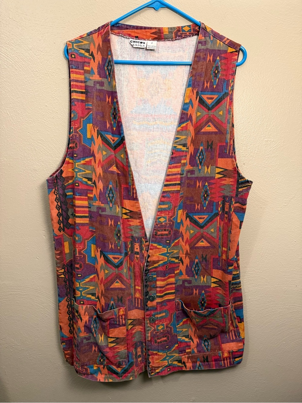 Chico's Vintage 90s multicoloured Aztec print 100% cotton denim vest Size 2